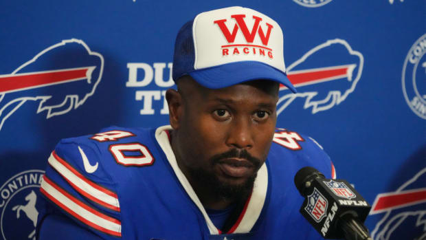 Bills pass rusher Von Miller speaks to the media.